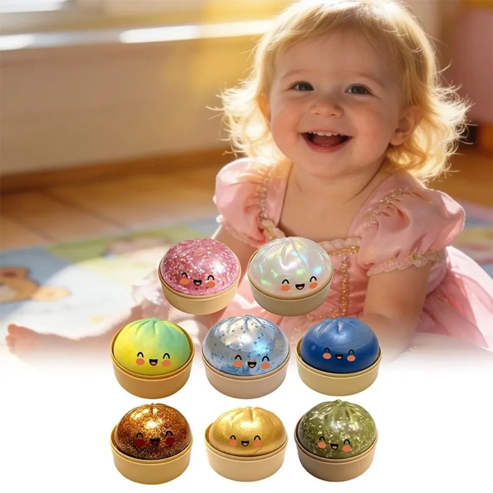 Glitter Dumpling Squishy Toy with Steamer Box – Stress Relief & ADHD Fidget Toy