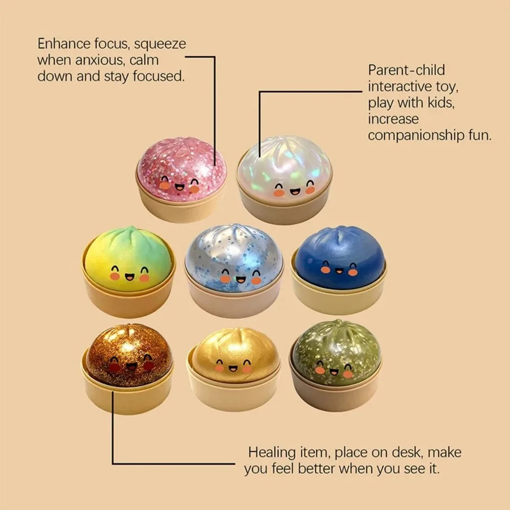 Glitter Dumpling Squishy Toy with Steamer Box – Stress Relief & ADHD Fidget Toy
