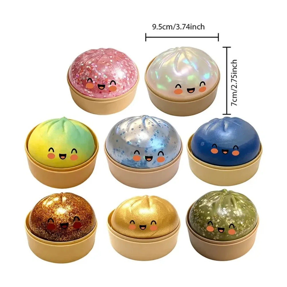 Glitter Dumpling Squishy Toy with Steamer Box – Stress Relief & ADHD Fidget Toy