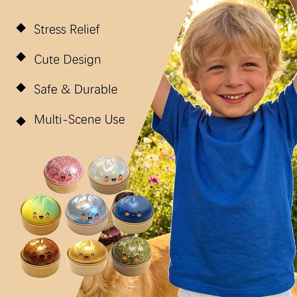 Glitter Dumpling Squishy Toy with Steamer Box – Stress Relief & ADHD Fidget Toy