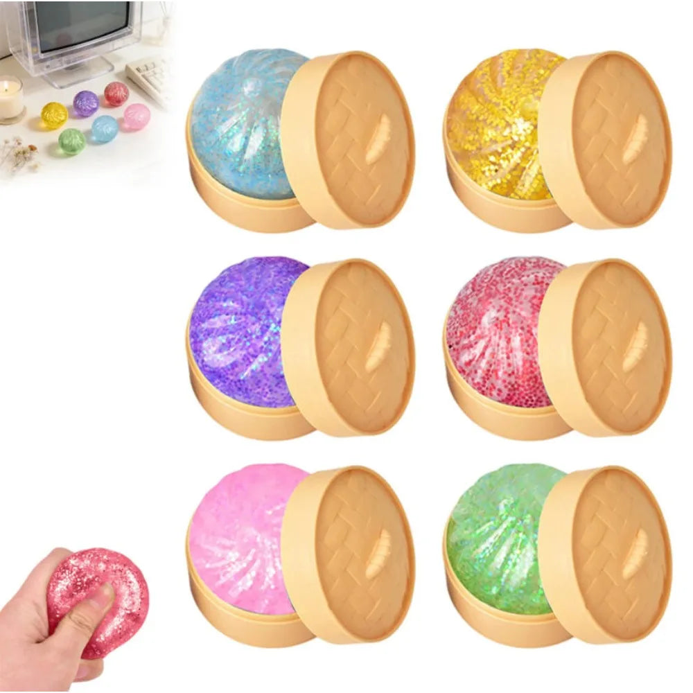 Glitter Dumpling Squishy Toy with Steamer Box – Stress Relief & ADHD Fidget Toy